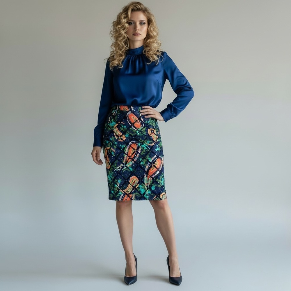LulaRoe Cassie multicolor quilted paisley stretch pull on pencil skirt